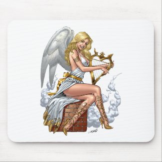 Sexy Blond Angel with Golden Heart Harp Mousepad